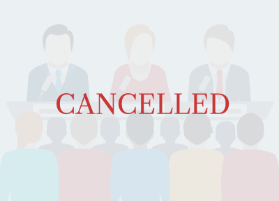 Illustration of public meeting with "cancelled" written over the image