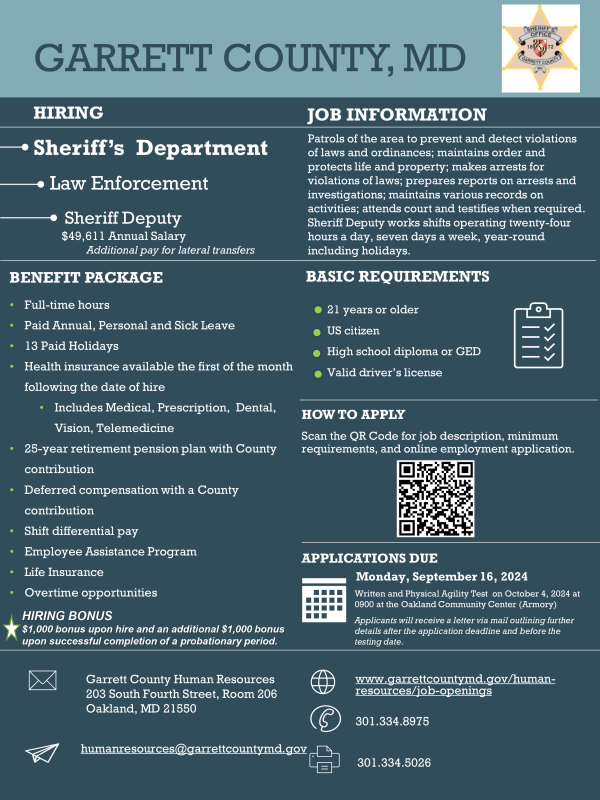 Garrett County Sheriff's Department - Hiring Deputy